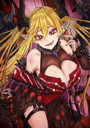  absurdres adeshi_(adeshi0693119) bare_shoulders blonde_hair breasts cleavage cleavage_cutout clothing_cutout demon_girl demon_horns demon_wings dress duel_monster ear_piercing female highres horns lacrima_the_scarlet_sorrow large_breasts long_hair multicolored_hair piercing pink_hair pointy_ears red_dress red_eyes solo two-tone_hair wings yu-gi-oh! 