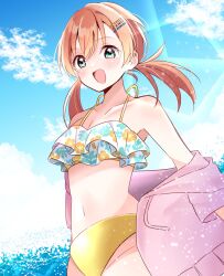  :d absurdres aqua_eyes bikini blue_sky blush breasts cleavage cloud collarbone commentary cowboy_shot crossed_bangs female floral_print floral_print_bikini hair_ornament hairclip highres hinoshita_kaho jacket jacket_over_swimsuit jacket_partially_removed light_particles link!_like!_love_live! lone_nape_hair long_hair looking_at_viewer love_live! low_twintails medium_breasts midriff mismatched_bikini navel official_alternate_costume official_alternate_hairstyle open_mouth orange_hair pink_jacket print_bikini ririn_(ririn_501) sky smile solo swimsuit twintails twitter_username virtual_youtuber water white_bikini yellow_bikini 