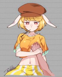  animal_ears breasts brown_hat cabbie_hat female flat_cap floppy_ears grabbing_another&#039;s_breast groping guided_breast_grab guiding_hand hat highres holding midriff mouth_hold navel orange_shirt rabbit_ears rabbit_girl red_eyes ringo_(touhou) shikido_(khf) shirt short_hair short_sleeves shorts signature simple_background sitting striped_clothes striped_shorts sweat touhou yellow_shorts 