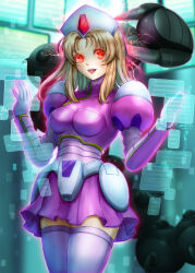  absurdres blonde_hair breasts commission cowboy_shot dress electricity female hat highres holographic_interface kiwakiwa long_hair looking_at_viewer magna_centipede_(mega_man) medium_breasts mega_man_(series) mega_man_x2 mega_man_x_(manga) mega_man_x_(series) nurse_cap pink_dress pixiv_commission red_eyes short_dress silkie_(mega_man) thighhighs white_thighhighs 