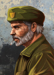  1boy beard beret bill_(left_4_dead) cigarette commentary_request facial_hair green_hat grey_hair hat jacket kotaro_(kotaillust) left_4_dead male_focus manly military military_uniform old old_man photoshop_(medium) profile realistic smoking solo uniform 