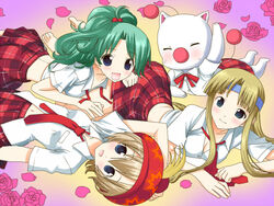  3girls bad_id bad_pixiv_id blonde_hair blue_eyes blush celes_chere final_fantasy final_fantasy_vi flower green_hair hat headband kkokko long_hair mahora_academy_middle_school_uniform mahou_sensei_negima! midriff moogle multiple_girls parody plaid plaid_skirt ponytail relm_arrowny rose school_uniform short_hair skirt terra_branford 