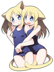  2girls animal_ears bad_id bad_pixiv_id blonde_hair blue_eyes blush breast_press breasts cat_ears cat_tail holding_hands kagura_yuuki large_breasts long_hair multiple_girls one-piece_swimsuit original school_swimsuit school_swimsuit_flap siblings sisters swimsuit tail twins 