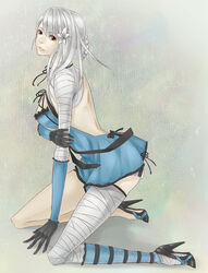  au back backless_outfit bandages bare_back braid breasts brown_eyes cleavage commentary_request elbow_gloves female gloves high_heels kaine_(nier) kneeling legs lingerie long_hair long_legs medium_breasts negligee nier nier_(series) photoshop_(medium) ribbon shoes solo underwear white_hair 