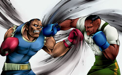  2boys balrog_(street_fighter) battle belt black_hair boxing boxing_gloves commentary_request crosscounter dark-skinned_male dark_skin dudley duel facial_hair male_focus manly moustache multiple_boys muscular punching street_fighter street_fighter_iii_(series) street_fighter_iv_(series) yukichi_(bancho99) 