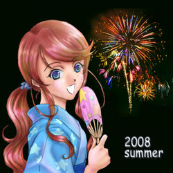  2008 aerial_fireworks blue_eyes female fireworks freckles gemini_sunrise hand_fan japanese_clothes kimiarugatame kimono lowres paper_fan ponytail red_hair sakura_taisen sakura_taisen_v smile solo summer uchiwa upper_body 