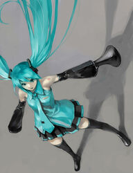  aqua_eyes aqua_hair bare_shoulders black_thighhighs commentary_request detached_sleeves female hatsune_miku highres kiyohisa long_hair megaphone necktie partial_commentary simple_background solo thighhighs twintails vocaloid 