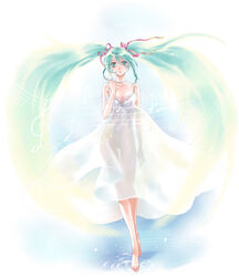  aqua_eyes aqua_hair barefoot commentary_request dress female hair_ribbon hatsune_miku highres long_hair musical_note photoshop_(medium) ribbon satsuki_yuu_(awairo) see-through solo thigh_gap twintails very_long_hair vocaloid 