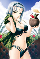  absurdres apple_rabbit bikini blush breasts camouflage cleavage cloud cocktail_umbrella coconut covered_nipples day drinking_straw facial_mark female fence flower food food_art forehead_mark fruit_cup grey_hair groin hairband hibiscus highres holding kimi_ga_aruji_de_shitsuji_ga_ore_de kuki_ageha lens_flare looking_at_viewer looking_back medium_breasts mouth_hold navel non-web_source official_art orange_eyes outdoors over_shoulder palm_tree photoshop_(medium) profile scan scar shironeko_sanbou short_hair sidelocks sky solo standing swimsuit towel tree wooden_fence 