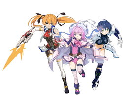  3girls adapted_costume ahoge alternate_weapon blue_eyes blue_hair boots bow caro_ru_lushe commentary_request cross_mirage denim denim_shorts green_eyes kerykeion_(nanoha) lyrical_nanoha mach_caliber mahou_senki_lyrical_nanoha_force makacoon multiple_girls navel orange_hair pile_bunker pink_bow revolver_knuckle short_hair shorts smile subaru_nakajima sword_breaker teana_lanster thighhighs twintails weapon 