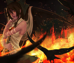  bad_id bad_pixiv_id black_hair bow female fire hairbow long_hair pochiharu red_eyes reiuji_utsuho solo touhou wings 