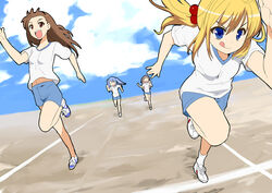  4girls :q amatsuka_haruka amatsuka_hikaru amatsuka_rikka amatsuka_tsurara baby_princess blonde_hair blue_eyes blue_hair brown_eyes brown_hair cloud commentary_request day gym_uniform hair_bobbles hair_ornament kusaka_souji multiple_girls running running_track shoes sky sneakers standing tongue tongue_out track_and_field twintails 