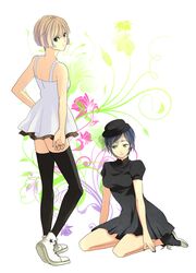  2girls back bad_id bad_pixiv_id bare_shoulders black_dress black_footwear black_nails black_thighhighs blonde_hair blue_hair bob_cut dress full_body green_eyes grey_nails hat legs long_legs looking_at_viewer looking_back looking_to_the_side multiple_girls nail_polish original puffy_short_sleeves puffy_sleeves seiza shiro96 shoes short_hair short_sleeves sitting skirt sleeveless sleeveless_dress sneakers thighhighs veil white_dress white_footwear yellow_eyes zettai_ryouiki 