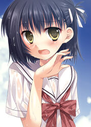  1boy aikawa_kizuna bad_id bad_pixiv_id black_hair blush bow hair_ribbon half_updo male_focus minakami_kurena otoko_no_ko photoshop_(medium) prunus_girl ribbon school_uniform see-through short_hair solo wet wet_clothes yellow_eyes 