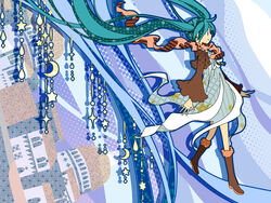  aqua_eyes aqua_hair boots commentary_request dress female hatsune_miku highres junji knee_boots long_hair profile scarf smile solo striped_clothes striped_scarf twintails very_long_hair vocaloid 