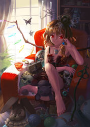  absurdres barefoot blonde_hair book bug butterfly crown feline female flandre_scarlet highres mask photoshop_(medium) rabbit red_eyes saber_01 short_hair sitting slit_pupils solo stuffed_animal stuffed_toy touhou wings 