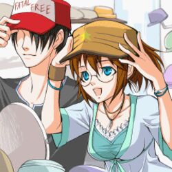  1boy anime_screenshot black_hair blue_eyes brown_hair casual dating days_of_memories female fio_germi glasses hat lowres metal_slug snk 