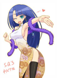  blue_hair breasts chinese_clothes commentary_request earrings feather_boa female green_eyes heart jewelry kurakumo_nue large_breasts long_hair napier&#039;s_sister sekaiju_no_meikyuu sekaiju_no_meikyuu_3 sideboob solo thighhighs 