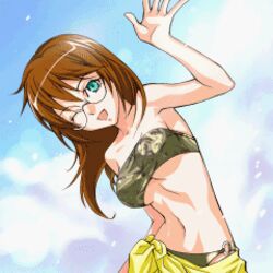  anime_screenshot bikini blue_eyes brown_hair days_of_memories female fio_germi glasses lowres metal_slug midriff one_eye_closed sarong snk solo strapless swimsuit 