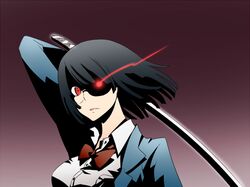  bad_id bad_pixiv_id breasts durarara!! female glasses glowing glowing_eyes hana_azuki large_breasts red_eyes short_hair solo sonohara_anri spoilers sword weapon 