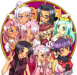  6+girls :d aqua_hair black_hair blue_eyes blush bow breasts brown_eyes brown_hair bun_cover commentary_request drunk fingerless_gloves glasses gloves gyuuji hair_bun hairbow hat jar jewelry kannei koihime_musou kougai long_hair medium_breasts multiple_girls one_eye_closed open_mouth pink_hair purple_eyes purple_hair rikuson ryomou shuutai shuuyu sidelocks single_hair_bun smile sonken sonsaku sonshoukou v wavy_mouth yellow_eyes 