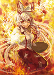  bad_id bad_pixiv_id female fire fujiwara_no_mokou grin hair_ribbon lips ribbon setsuri_(tubaki) smile solo touhou yellow_theme 