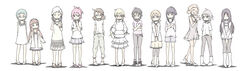  6+girls absurdres aged_down alternate_hairstyle andou_nene aqua_hair black_hair blonde_hair boots bracelet braid brown_hair casual closed_eyes commentary_request cross crossed_arms dark-skinned_female dark_skin denim dress everyone glasses hair_down hairband hat high_heels highres hime_cut hood hoodie hyakko iizuka_tatsuki jacket jeans jewelry kageyama_torako kazamatsuri_touma knee_boots kobayashi_koma leggings lineup long_hair makunouchi_ushio multiple_girls necklace nikaidou_hitsugi nonomura_ayumi ooba_minato pale_color pants photoshop_(medium) ponytail red_hair saotome_suzume shigetoshisss shoes shorts skirt smiley_face sneakers suzugazaki_chie tsubomiya_inori twin_braids v 