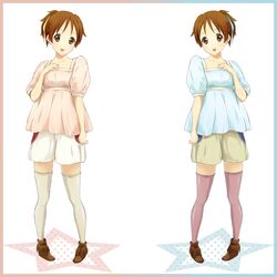  brown_eyes brown_hair commentary_request female hirasawa_ui k-on! pigeon-toed pink_thighhighs ponytail rokujou_jun short_hair symmetry thighhighs white_thighhighs 