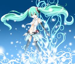  adzuki_anko aqua_eyes aqua_hair barefoot bridal_gauntlets commentary_request female glowing hatsune_miku hatsune_miku_(append) highres long_hair navel necktie smile solo toeless_legwear twintails very_long_hair vocaloid vocaloid_append 