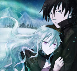  1boy bad_id bad_pixiv_id black_hair blue_eyes coat couple darker_than_black female hei_(darker_than_black) highres hug long_hair photoshop_(medium) purple_eyes snow straight white_hair wind wooga yin_(darker_than_black) 