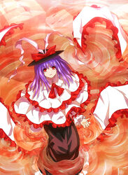  commentary_request female fish frills hat highres long_hair nagae_iku purple_hair red_eyes ripples shawl shirosa sitting smile solo touhou water 