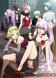  3boys 4girls anklet bar_(place) barefoot blonde_hair blue_eyes breasts character_request choker cigarette cleavage commentary_request cross dress elbow_gloves flower gloves gun hagane_miku hagane_vocaloid hatsune_miku high_heels isamine_kaito jewelry kagura_gakupo knife lip_piercing magane_len magane_rin md5_mismatch medium_breasts momopanda multicolored_hair multiple_boys multiple_girls nail_polish necklace piercing pink_hair ponytail purple_hair red_nails rose sakerune_meiko shoes short_hair single_shoe sitting small_breasts smoking twintails two-tone_hair vocaloid weapon 