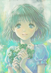  acrylic_paint_(medium) aqua_eyes blonde_hair blue_dress blue_eyes blue_hair bouquet clover clover_(flower) commentary_request dress female flower holding light_smile lips original painting_(medium) pale_color short_hair short_sleeves solo toyoda_izumi traditional_media upper_body 