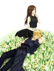  1boy au belt blonde_hair brown_eyes brown_hair cloud_strife commentary_request couple crop_top female final_fantasy final_fantasy_vii final_fantasy_vii_advent_children flower gloves long_hair photoshop_(medium) short_hair sleeping straight tifa_lockhart 