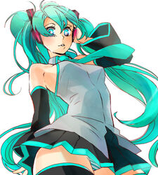  aqua_eyes aqua_hair armpits ateka bad_id bad_pixiv_id detached_sleeves female foreshortening hatsune_miku headphones long_hair lowres necktie panties skirt solo striped_clothes striped_panties thighhighs twintails underwear very_long_hair vocaloid 