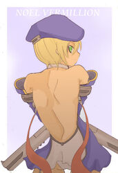  back backless_outfit bare_back beret blazblue blonde_hair bolverk commentary_request female green_eyes gun handgun hat looking_back noel_vermillion panties ryu3224 solo underwear weapon 