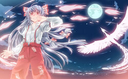  bird commentary_request female fujiwara_no_mokou full_moon long_hair moon night oumi_(rsag) phoenix photoshop_(medium) red_eyes ribbon sky solo touhou very_long_hair 