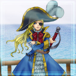  blonde_hair blue_eyes eyepatch female frills glycine_bleumer hat kimiarugatame lowres ocean pirate sakura_taisen sakura_taisen_iii solo sword weapon 