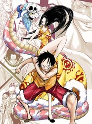  6+boys amazon_warrior black_hair boa_hancock borsalino_(kizaru) choker_(pixiv) commentary_request earrings edward_newgate facial_hair female flower_sword_vista glasses grin hat highres jewelry jozu kuzan_(aokiji) long_hair marco_(one_piece) monkey_d._luffy moustache multiple_boys one_piece portgas_d._ace sakazuki_(akainu) salome_(one_piece) scar skull smile snake sword top_hat vista_(one_piece) weapon 