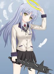  angel_beats! blazer bokusatsu_tenshi_dokuro-chan club_(weapon) commentary_request excalibolg female grey_hair halo jacket parody school_uniform skirt solo spiked_club tachibana_kanade tamago_kago weapon yellow_eyes 