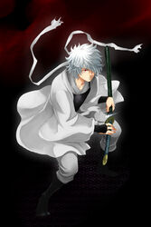  1boy bad_id bad_pixiv_id gintama hair_over_eyes highres japanese_clothes katana male_focus matano_maya red_eyes sakata_gintoki sheath solo sword unsheathing weapon white_hair 