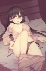  ahoge arima_senne bare_shoulders bed black_panties breasts brown_hair clothes_pull female glasses highres kashiwamochi_yomogi long_hair lying medium_breasts mole mole_on_breast no_bra open_clothes open_shirt original panties pants pants_pull photoshop_(medium) red_eyes side-tie_panties solo sweat underwear undressing 