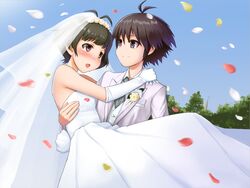  1boy ahoge akizuki_ryo androgynous bare_shoulders black_hair blue_eyes blush bridal_veil bride brown_hair carrying commentary_request corsage couple crossdressing dress earrings elbow_gloves female formal gloves hug husband_and_wife idolmaster idolmaster_(classic) idolmaster_dearly_stars jewelry kikuchi_makoto lipstick looking_at_another makeup open_mouth otoko_no_ko pant_suit pants petals princess_carry reverse_princess_carry reverse_trap role_reversal short_hair smile straight sugar_(sugarless) suit tuxedo veil wedding wedding_dress 