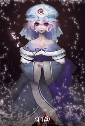  bad_id bad_pixiv_id cherry_blossoms female hat horror_(theme) japanese_clothes kimono noromi pink_hair red_eyes saigyouji_yuyuko smile solo touhou 