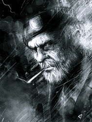  1boy beard beret bill_(left_4_dead) cigarette commentary_request dark facial_hair gavade greyscale hat jacket left_4_dead male_focus manly military monochrome night old old_man photoshop_(medium) rain realistic sketch smoke smoking solo 