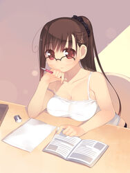  absurdres ahoge arima_senne bad_id bad_pixiv_id book breast_rest breasts brown_hair eraser female glasses highres kashiwamochi_yomogi large_breasts long_hair mechanical_pencil original pencil photoshop_(medium) ponytail red_eyes smile solo strap_slip tareme tombow_mono 