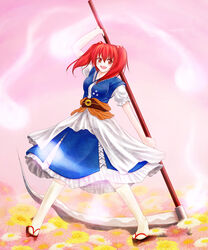  :d arm_up belt cofi_(eternal) coin commentary_request female flower full_body ghost hair_bobbles hair_ornament holding holding_scythe looking_at_viewer okobo onozuka_komachi open_mouth orange_eyes puffy_short_sleeves puffy_sleeves red_hair sandals scythe short_sleeves smile socks solo standing tabi touhou two_side_up white_socks 