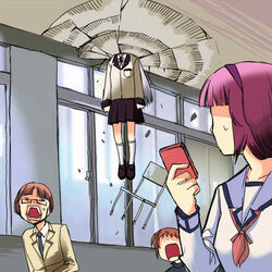  2boys 2girls angel_beats! bad_id bad_pixiv_id blazer blue_hair brown_hair chair controller d: debris failure glasses hairband hanging jacket kneehighs long_hair multiple_boys multiple_girls nakamura_yuri niyaururu open_mouth purple_hair remote_control rocket_chair school_uniform screaming serafuku skirt socks surprised sweat tachibana_kanade takeyama_(angel_beats!) 