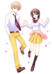  1boy ayuzawa_misaki bad_id bad_pixiv_id blonde_hair brown_hair clothes_around_waist couple female green_eyes holding_hands interlocked_fingers kaichou_wa_maid-sama! legs nanami_yasuna necktie plaid plaid_skirt school_uniform short_hair skirt straight sweater sweater_around_waist usui_takumi 