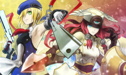  2girls armpits bad_id bad_pixiv_id beret blazblue blonde_hair blue_eyes bolverk fukuhara_tetsuya gloves green_eyes gun handgun hat long_hair multiple_girls noel_vermillion photoshop_(medium) polearm red_hair shield short_hair spear thighhighs tsubaki_yayoi weapon 